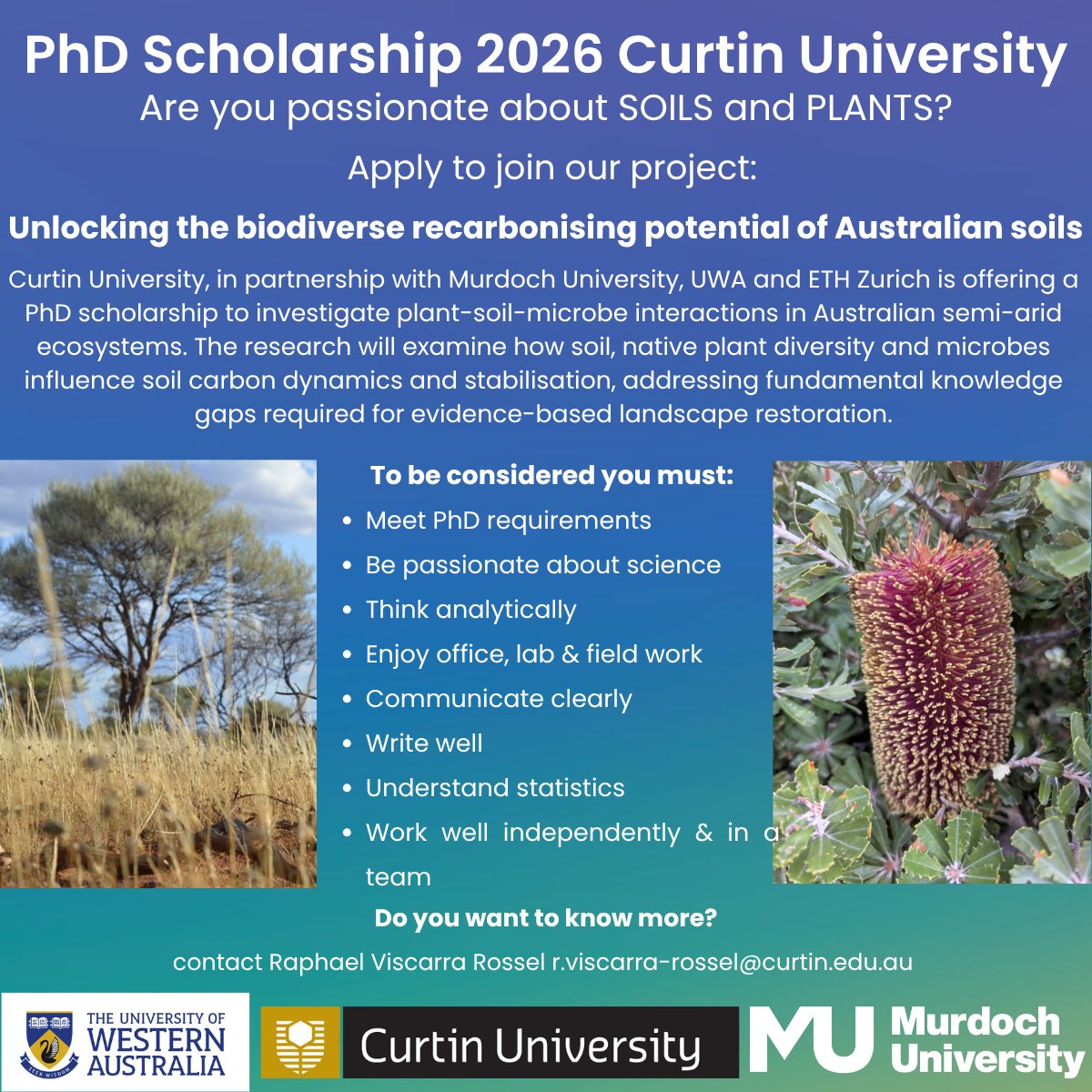 🚨 PhD Scholarship 2026 <a href="/CurtinUni/">Curtin University</a>!
Unlock biodiverse recarbonising potential of Australian soils. Study soil-plant-microbe interactions in semi-arid ecosystems.  Must: PhD-ready, passion for science, field/lab, write well…
SEE 👇  #SoilScience #PhDopportunity #EcoRestoration