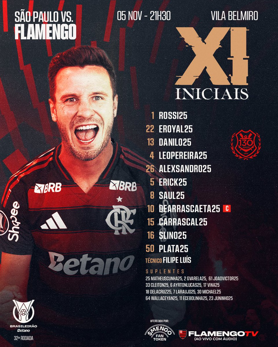 NOSSO TIME É A GENTE EM CAMPO! 

Confira a escalação do Mais Querido para enfrentar o São Paulo, pelo @brasileirao! 

#SAOxFLA #StartingXI