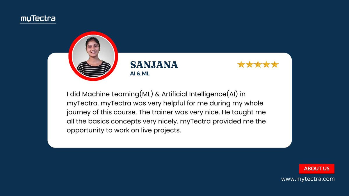 mytectra's tweet image. 🚀 Sanjana’s AI &amp;amp; ML Training Journey at myTectra! 💻

🌐 Learn More: mytectra.com/it-courses/ai-… 
📞 Call: +91 8047112411

#aitraining #machinelearning #artificialintelligence #datascience #mytectra #techskills #onlinelearning #careerintech #mltraining #mytectrareviews