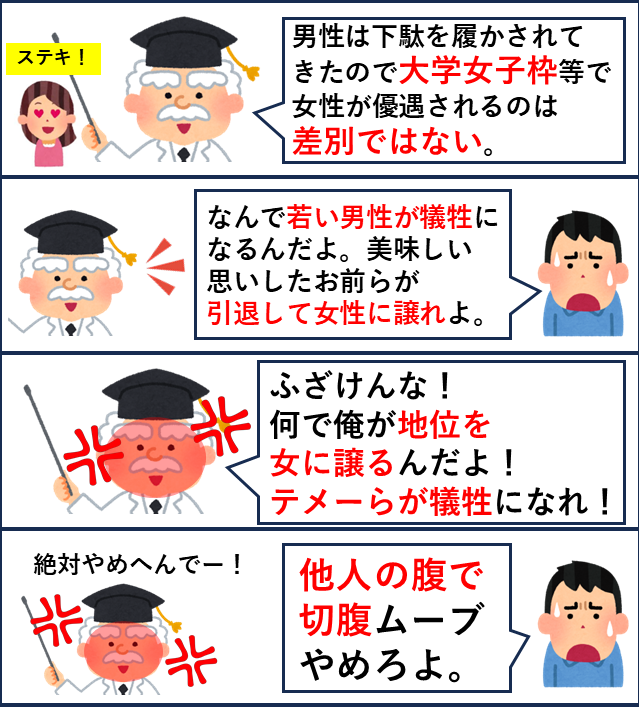 yabusameri's tweet photo. 「今まで男性が下駄を履かされてきた」を理由に差別是正を目指すなら女性を差別して高い地位についた男たちを処分しろって話で���よね。どうして何も美味しい思いしてない若い男性にペナルティ課すのか理解不能。 https://t.co/psz6YWMWoU