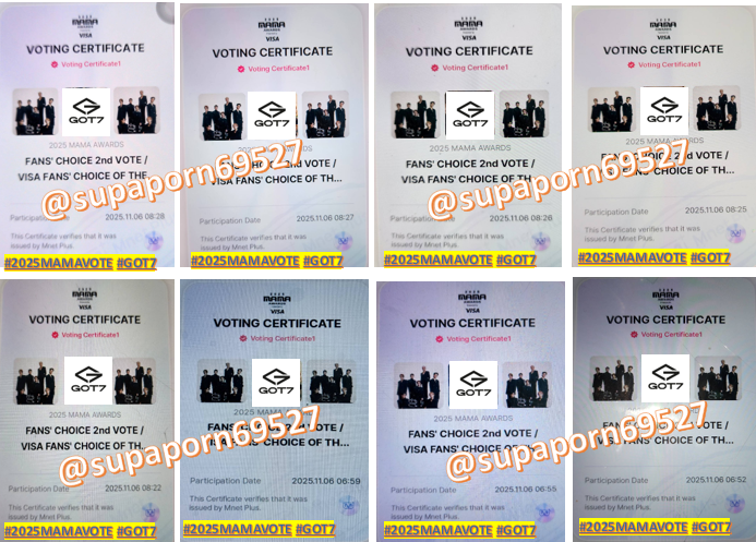 โหวตวันที่ 8= 6/11/2025  เหลืออีก 4 วัน โหวตทุกวันเพื่อ Got7 หวังว่าพวกเธอจะได้เข้ารอบต่อไป ✌️ ลุ้นๆ เข้ารอบทั้ง 2 รางวัล
💌Fans’Choice Male  
💌Visa Fans’Choice of The Year        
เกณฑ์การนับคะแนน      
✅โหวตแอพ mnet plus =90%  
✅รี/โพสต์ x =10%
#2025MAMAVOTE #GOT7