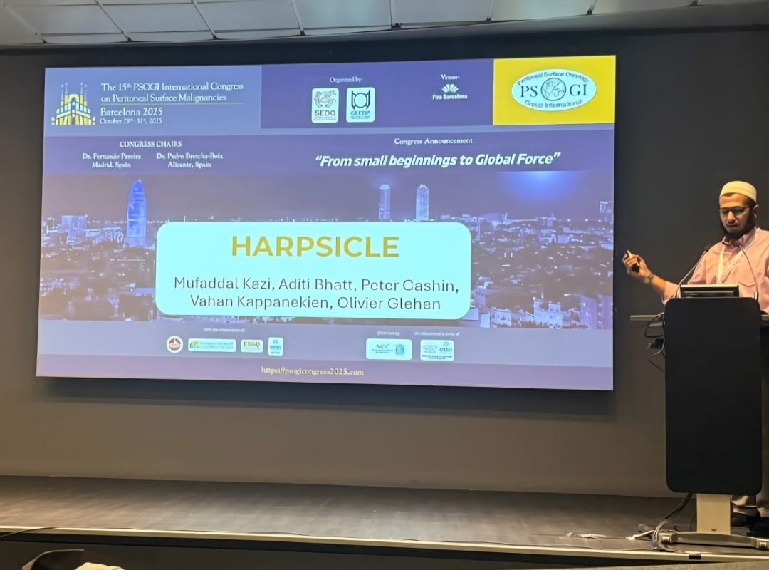 MufaddalKazi's tweet image. An eventful @PSOGI_EC 2025 in Barcelona Last week
Presented the #HARPSICLE study proposal - international study for colorectal peritoneal metastasis 
@writeslkpushkin @CashinPtr @glehenolivier 
Also presented our video technique and outcomes of Minimally invasive CRS