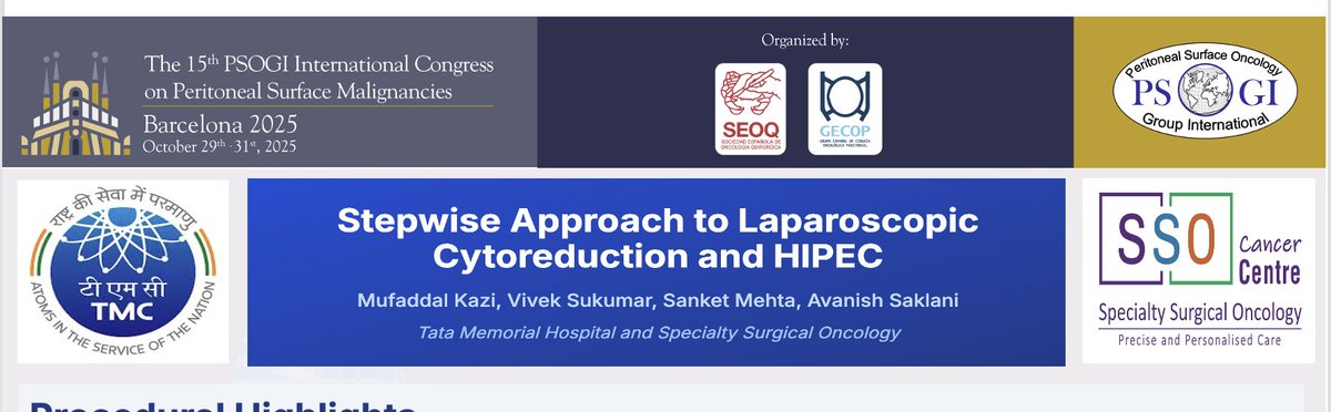 MufaddalKazi's tweet image. An eventful @PSOGI_EC 2025 in Barcelona Last week
Presented the #HARPSICLE study proposal - international study for colorectal peritoneal metastasis 
@writeslkpushkin @CashinPtr @glehenolivier 
Also presented our video technique and outcomes of Minimally invasive CRS