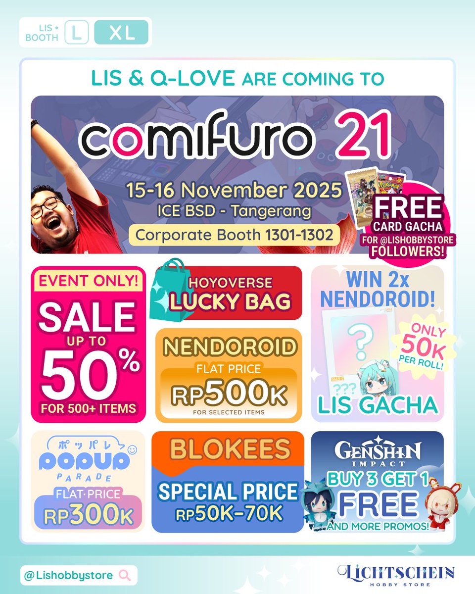 lishobbystore's tweet photo. Lis-tener, kita balik lagi ke @comifuro! 🎉
📍 ICE BSD – Seperti biasa dari pintu masuk liat kiri!
🗓️ 15-16 November

Dan kali ini ada bareng QLove

✨ Nendoroid flat 500 ribu
🛍️ Lucky Bag dan masih banyak kejutan lainnya!

Catat tanggalnya dan siapin wishlist kamu! https://t.co/83YDRxBvPc