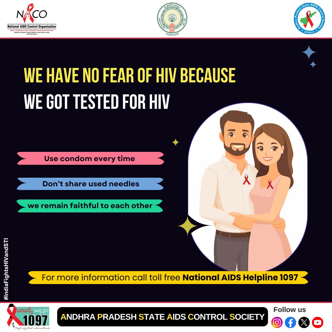 APSACS2020's tweet image. ✅ Use a condom every time
💉 Don’t share used needles
❤️ Remain faithful to each other
We have no fear of HIV because
we got tested for HIV.
#SafeChoices #HIVAware #StayProtected #KnowYourStatus #HIVPrevention #StopTheSpread #HealthForAll #IndiaFightsHIVandSTI #APSACS