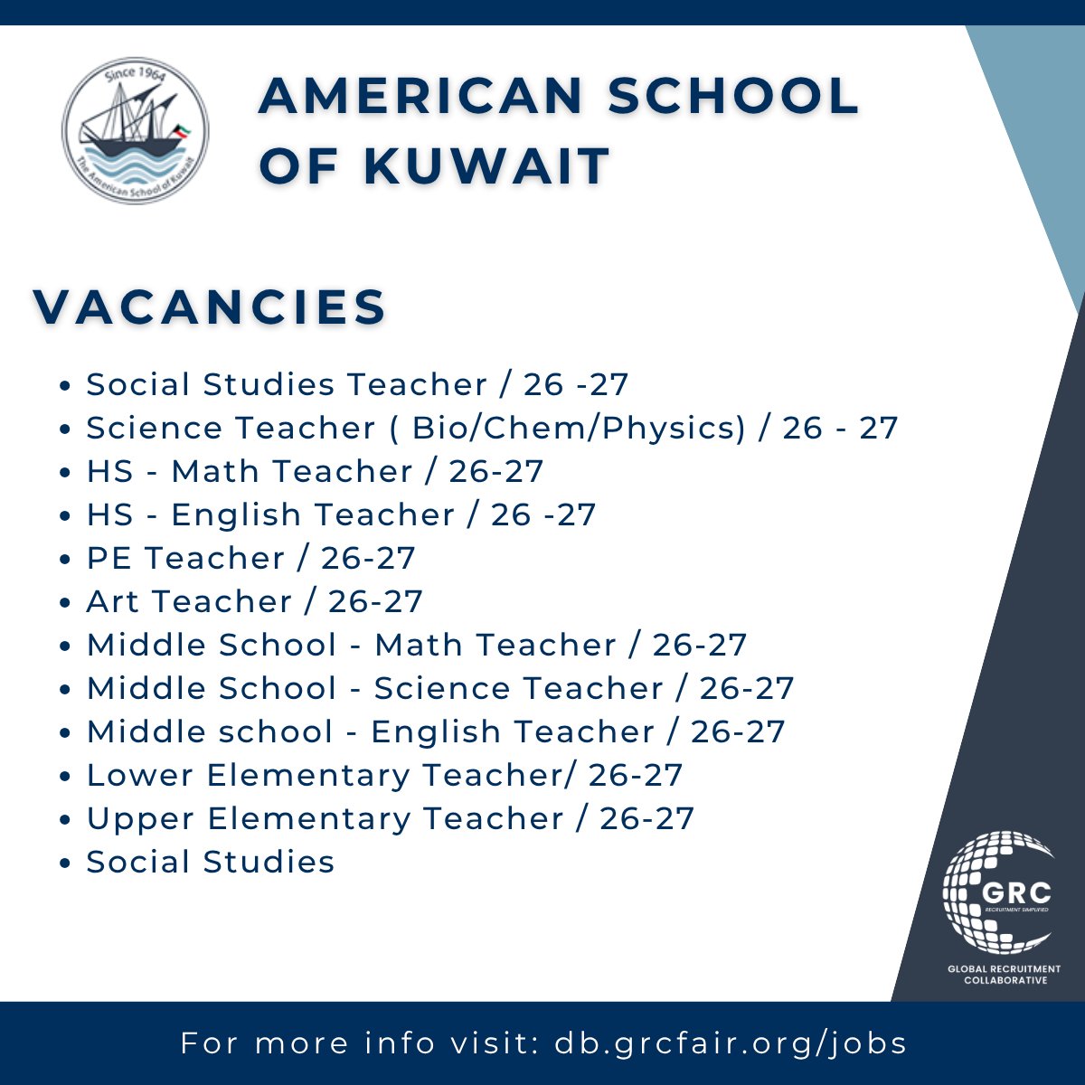 Now Hiring | American School of Kuwait 🇰🇼
Founded in 1964, ASK is a leading K–12 international day school that offers an authentic American curriculum and a strong university-preparatory program.

Explore their current 2026–27 vacancies and apply via db.grcfair.org/jobs