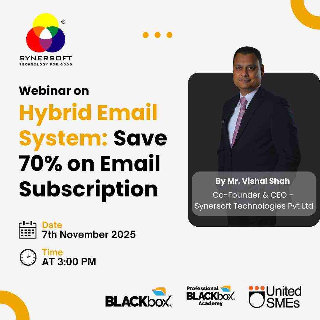 SynersoftTech's tweet image. STOP 🛑 overpaying for email!

Learn the Hybrid Email System with Synersoft CEO Vishal Prakash Shah this Friday. Cut costs by up to 70% without losing security or your domain.

📅 Fri, 7 Nov | 3 PM IST
Register: synersoft.in/webinars/7thNo…

#EmailCosts  #Synersoft #ITStrategy