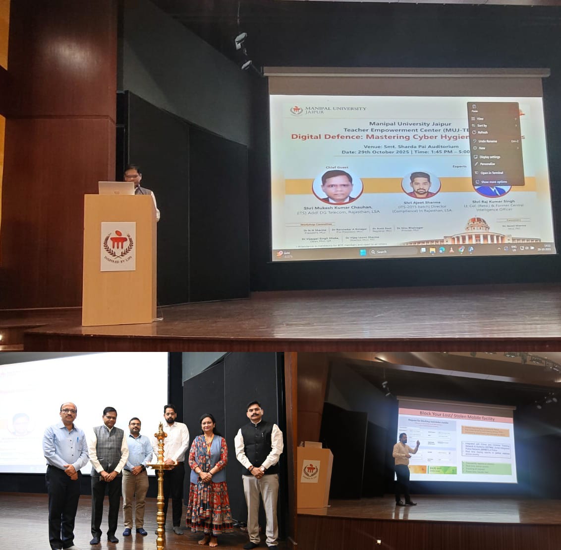 RAJ LSA officers participated in a workshop on “Digital Defense: Mastering Cyber Hygiene” at Manipal University Jaipur. Sh Mukesh Kr Chauhan, Addl DGT, stressed cyber fraud awareness &amp; highlighted Sanchar Sathi Portal/App. Sh Ajeet Sharma, Dir(C), shared key cyber hygiene tips.
