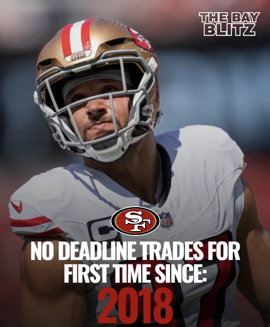 TheBayBlitz's tweet image. TUMBLEWEEDS IN SAN FRANCISCO.

For the first time since 2018, the San Francisco #49ers did NOT make a trade before Tuesday’s trade deadline.

This comes as a surprise to some, as the Niners were reportedly calling about players at EDGE and LB.

What are your thoughts?