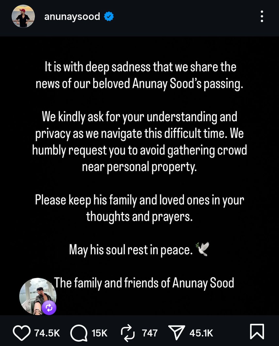 Anunay Sood, a travel influencer with 1.4 million followers, shared a video last week saying he wanted to attend Dev Diwali in Varanasi on November 5.

Yesterday, through an Instagram post, his family confirmed his passing and requested for privacy.

No matter what you plan, you