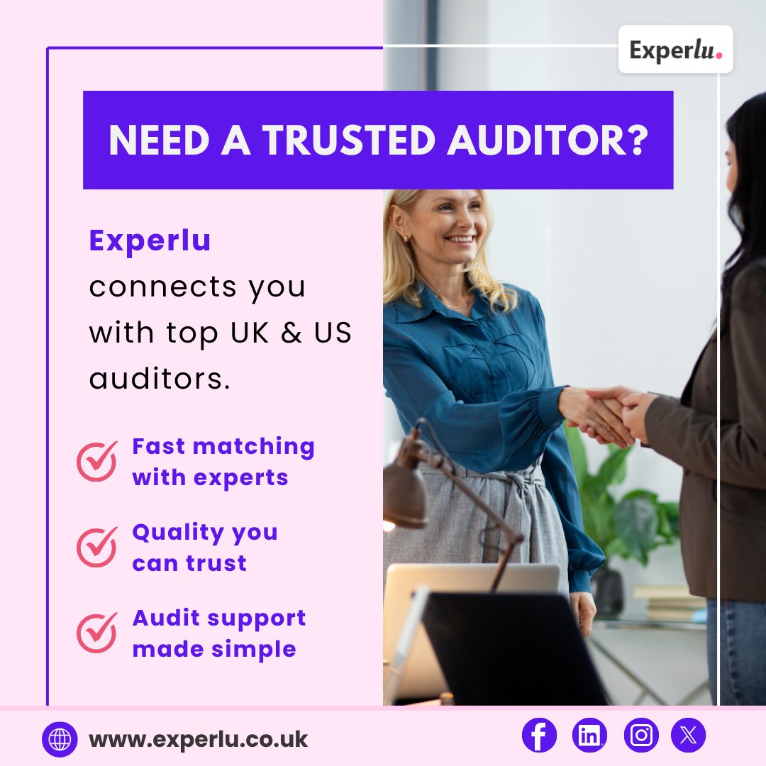 experlu's tweet image. Need a trusted auditor? 🔍

Experlu connects you with top UK &amp;amp; US auditors, fast, reliable &amp;amp; simple.

✅ Expert matching
✅ Trusted quality
✅ Hassle-free audit support

Visit - rfr.bz/ta37077

#AuditorsUK #AuditorsUSA #AuditSupport #Experlu #AccountingServices #Business