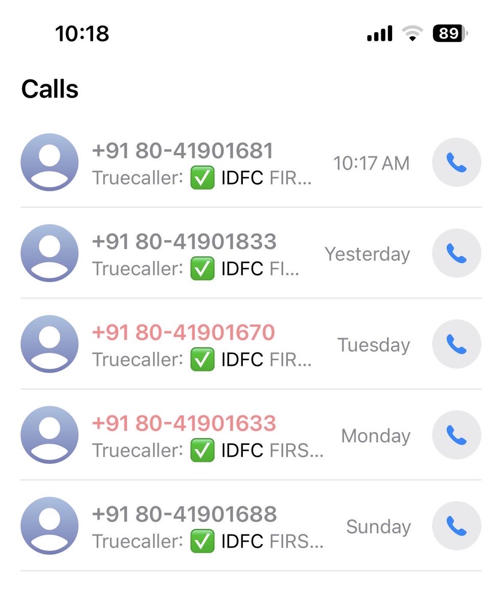 onlytushar4u's tweet photo. @IDFCFIRSTBank @TRAI @Cyberdost I am getting continuous call from IDFC bank from quite few days, I have blocked some but calls are coming from different numbers. I have attached the call log. Kindly take strict action as they seem to be #suspicious #fraud https://t.co/4H1PhgTJ1U
