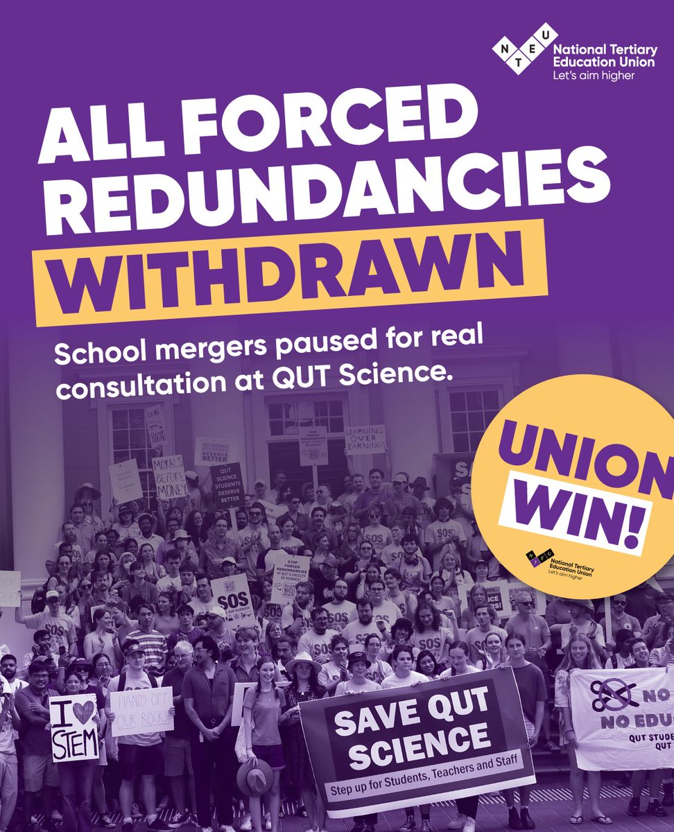 NTEUnion's tweet image. Big win at QUT! 🎉
 
This didn’t happen because management had a change of heart. It happened because we acted collectively. 

Join NTEU for better workplaces and better universities today: nteu.au/join