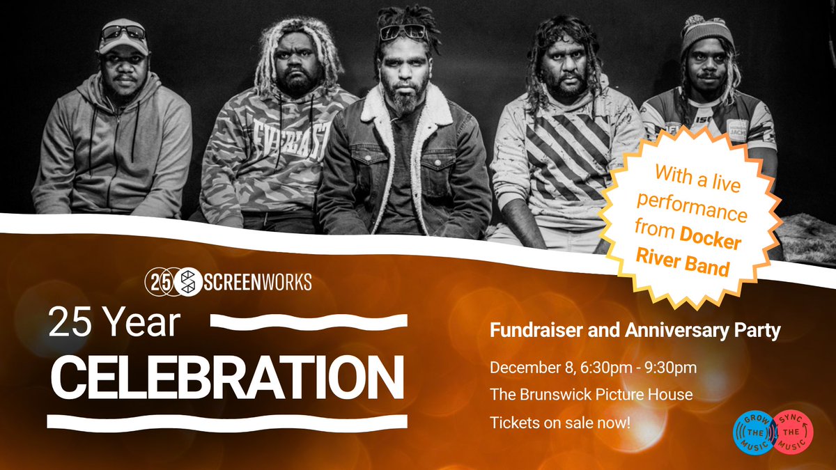 Join us for celebration and fundraising as we mark 25 years of supporting and elevating regional screen talent.  Performance from Docker River Band thanks to Grow the Music, Tickets On Sale Now, 8 December <a href="/BrunsPicHouse/">Brunswick Picture House</a>  screenworks.glueup.com/event/screenwo…