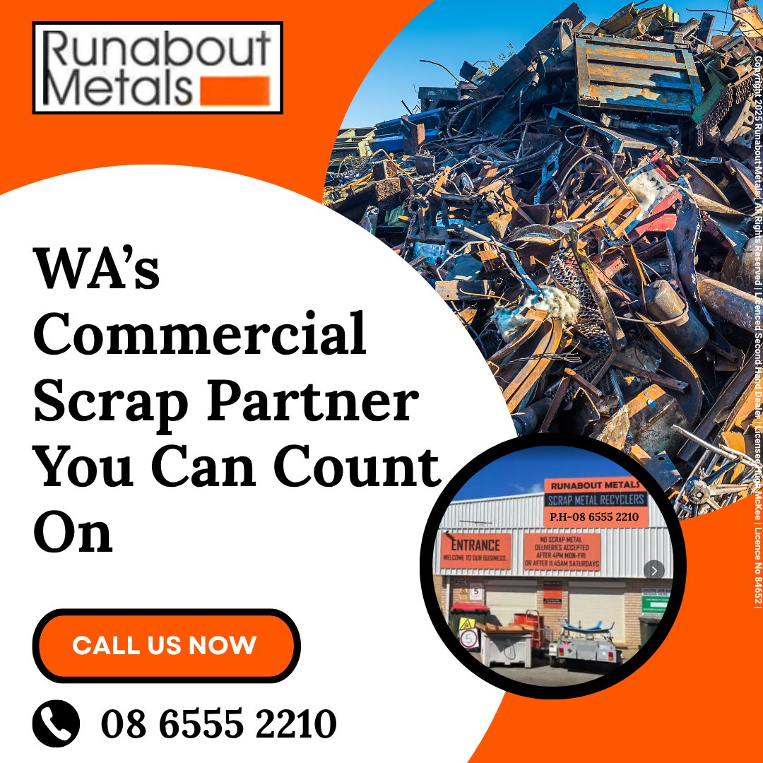 Scrap Metals reliable, large-scale scrap recycling with local pride in every pickup.

Simply call us at 08 6555 2210 or email us at admin@runabourmetals.com.au

#CommercialScrapMetalsPickup #RunaboutMetals
#CommercialScrapMetals #IndustrialScrapMetals