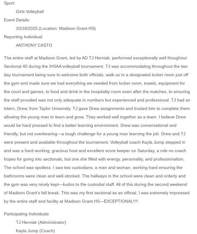 Congratulations to Mr. Herniak, Coach Jump, Intern Drew, Our Game Workers, Custodians - It takes the whole team!  We truly pride ourselves in being great tournament hosts.  We appreciate Mr. Casto sharing this with the IHSAA!  Go Argylls!  #WeAreMG