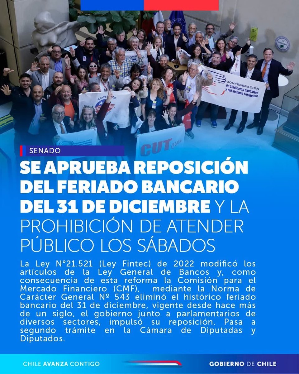 ConabanChile's tweet photo. Hoy desde la cámara del senado se aprueba reposición del feriado Bancario del 31 de Diciembre y la prohibición de atender público los días sábados https://t.co/cUZGVyyzEu