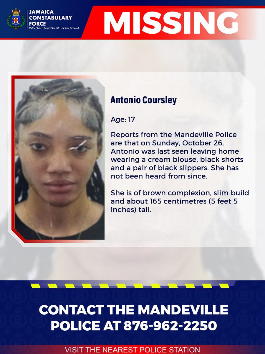 JamaicaConstab's tweet image. Help us locate missing Antonio Coursley. If you know her whereabouts, please call the Mandeville Police or the nearest police station. 

#AnandaAlert #Missing