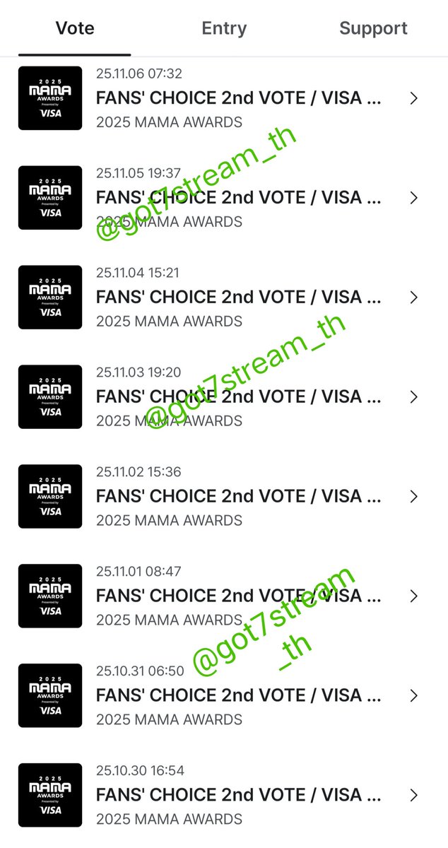 2025.11.06 &lt;D-8&gt;
[VOTE] 2nd 2025 MAMA Awards

#2025MAMAVOTE  #GOT7
🏆Visa Fans’Choice of The Year 
🏆FANS' CHOICE MALE

 🔥Vote Vote GOT7 กันค่า

🗓️ปิดโหวต 11/10 เวลา 21.59น.ไทย
เกณฑ์คะแนน 
- Vote Mnet Plus = 90% 
- Hashtags = 10%
(Post/RT)