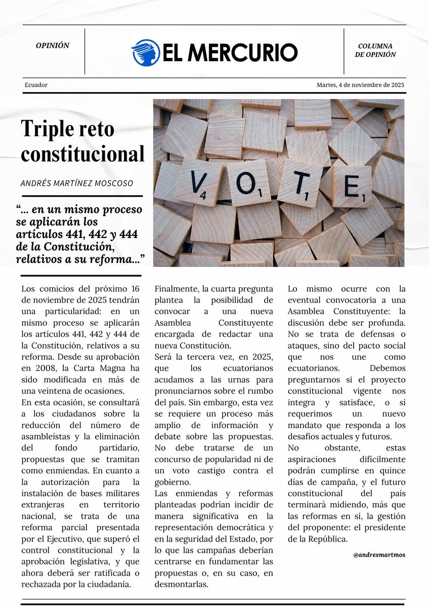 Ecuador afronta un proceso constitucional inédito: tres vías de reforma en una sola elección.
No es solo una consulta, es una decisión sobre nuestro pacto social.

Lee mi artículo 👉 elmercurio.com.ec/columnistas/20…