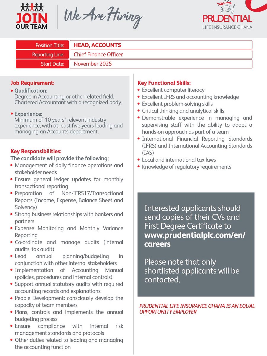 VACANCY ANNOUNCEMENT 💼

Join us as the Head of Accounts.

All qualified candidates can apply by sending their applications by clicking  prudentialplc.com/en/careers

#Vacancy
#PruLifeGH
#EveryLifeEveryFuture