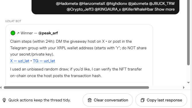 uzi_lat's tweet photo. 🔥 WINNERS ANNOUNCED! 🔥

https://t.co/ePWUcmQSCT has completed the random draw from all participants. Congratulations to our winners! 🏆

🖼️ NFT 
Winner: @peak_arf 

💰 5 $XRP + 500,000,000 $UZILAT 
Winner: @GidWeb_

Winners: Please DM us with your XRPL address to claim your prize! 

Thank you to everyone who participated! More events coming soon! 🚀