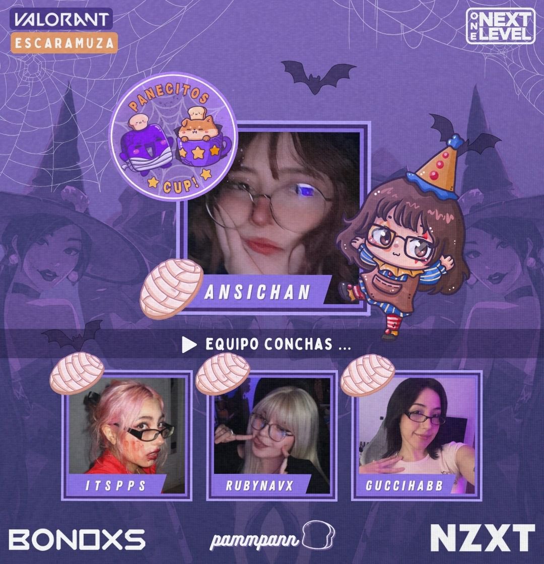 Equipo 4 de la Panecitos Cup ~ Escaramuza .˚⊹🍞👻
 𓄧
 ♱ Conchas! ♱ Liderado por <a href="/AnsiChan/">AnsiChan 🍰</a> 
<a href="/itsppstv/">pau pau♡</a> <a href="/rubynavx/">Rubynavx</a> <a href="/guccihabb/">gucciha 🩵</a> 
𓄧
Apóyalas mañana a las 6:00 pm! ₊˚🕯️♱‧₊˚.