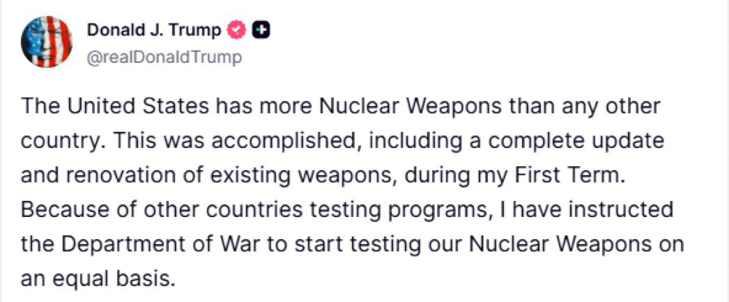 Aerode_r's tweet image. BREAKING🚨

POTUS Donald J. Trump has instructed Department of War to begin testing NUCLEAR WEAPONS  ‼️