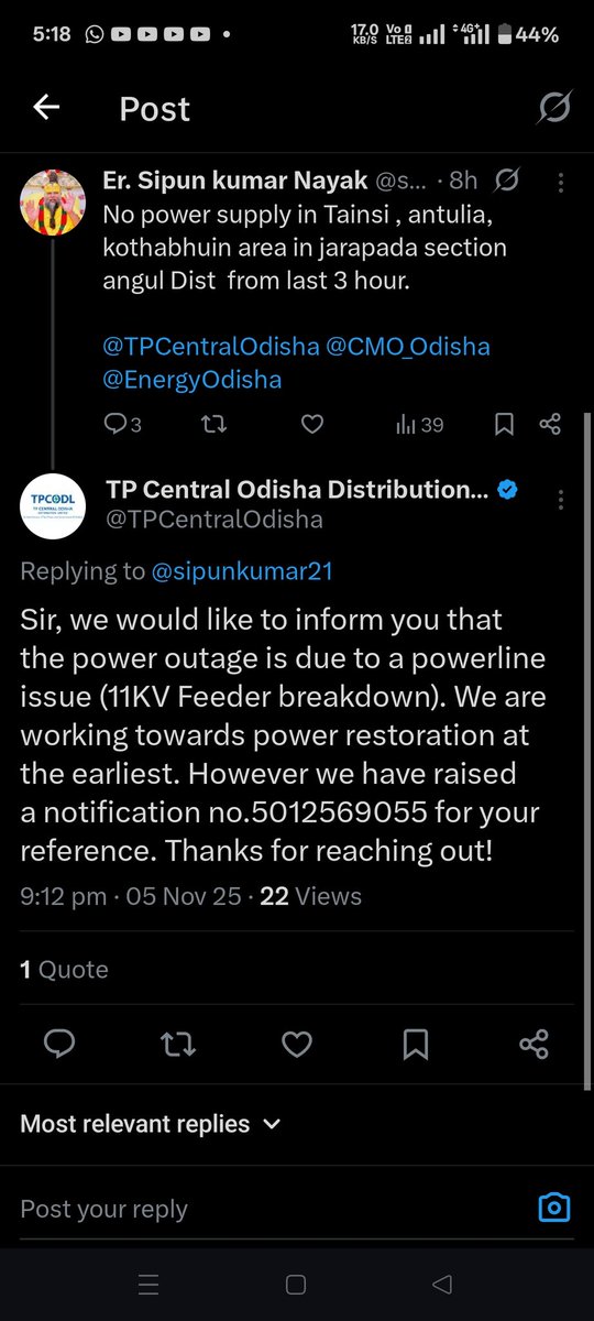 sipunkumar21's tweet image. Why is the electricity being cut repeatedly in the Tainsi, Antulia,Kothabhuin area under Jarapada section. After a 13 hour power cut, the electricity was restored for only 5 minutes. why does this keep happening ?
@TPCentralOdisha @EnergyOdisha @CMO_Odisha @SecyChief