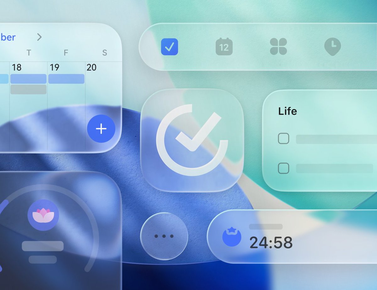 ⏰ TickTick now supports the iOS 26 Liquid Glass design ✨
Enjoy a more translucent and refined look.

📲 Update to version 7.8.00 or above to try it now 💨 (iOS users)

🪟 To enable transparent widgets, long-press your Home Screen → tap Edit → Customize → choose Clear Mode.
