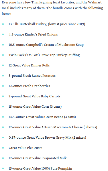 Republicans are falling all over themselves to hype Trump for bringing prices down because the Walmart Thanksgiving basket is cheaper this year, but...

It is a different basket. It has fewer items, different items, and different brands.

For example, last year had a premade pie.