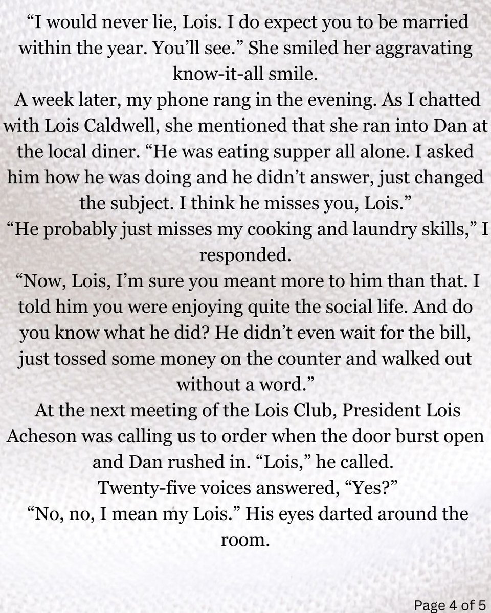 fiveminfiction's tweet photo. Having trouble reading this short story? See the plain text version on our website: https://t.co/xnCkLTYJGc
Title: The Lois Conspiracy
Written by Nanci Rathbun
Genre: Romance
Word Count: 1051
This short story was Nanci’s first published work. It was featured in Woman’s World Magazine in 2005 under the title What’s in a Name.
If you enjoyed this story and want to see more from Nanci, you can find all her work here: https://t.co/XQuCQ84VjK