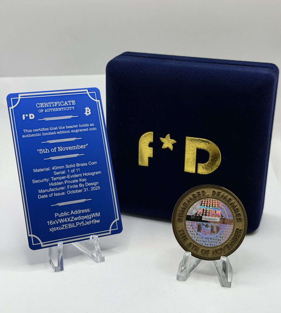 FiniteByDesign's tweet image. “Remember, Remember the 5th of November.”

Only 11 limited-edition brass Bitcoin coins exist — each with a hidden private key, COA, and velvet presentation case.

🔐 Ready for funding in any BTC value.

👉 finitebydesign.net/collections/la…

#Bitcoin #CryptoArt #FiniteByDesign #BTC…
