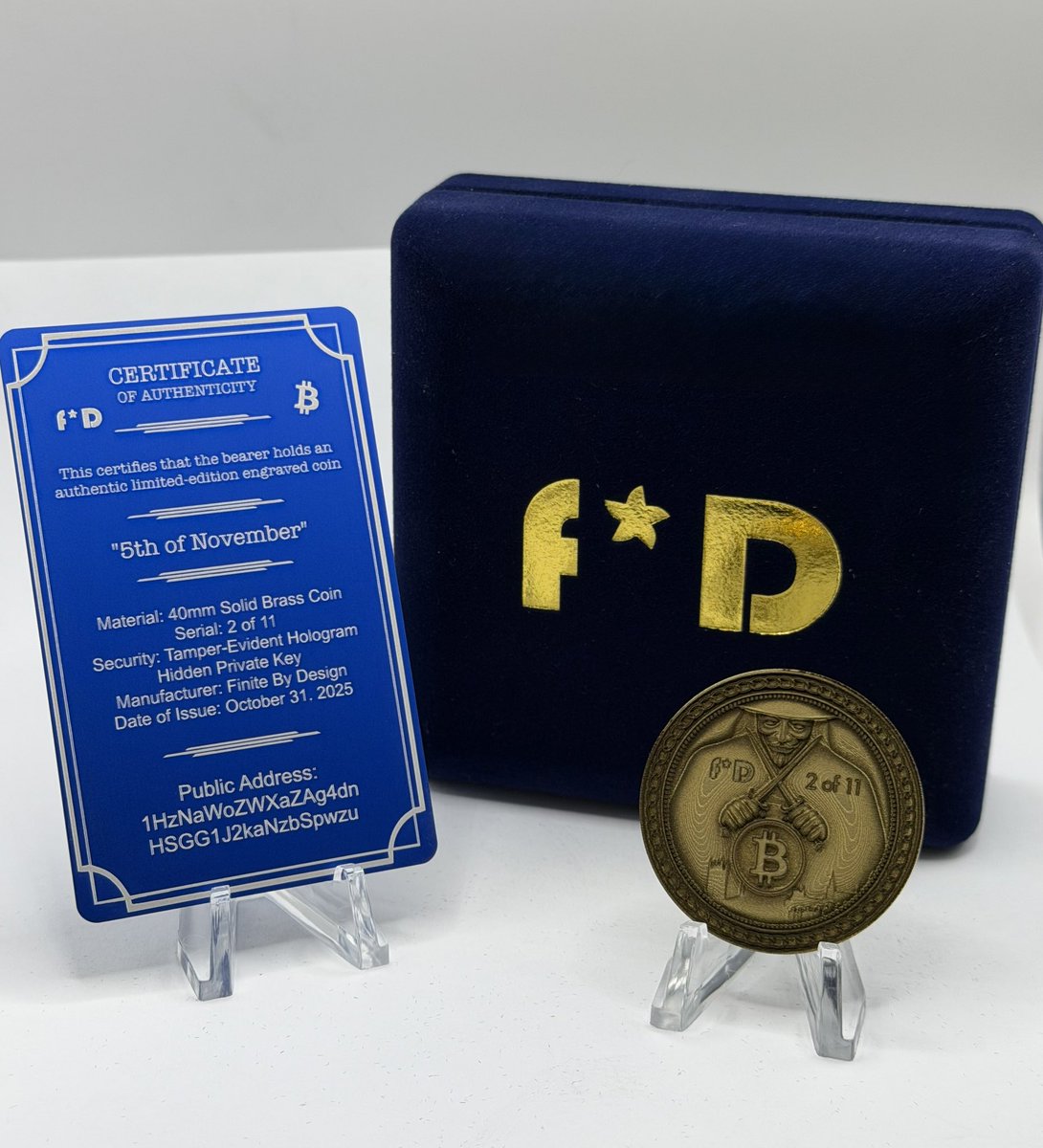 FiniteByDesign's tweet image. “Remember, Remember the 5th of November.”

Only 11 limited-edition brass Bitcoin coins exist — each with a hidden private key, COA, and velvet presentation case.

🔐 Ready for funding in any BTC value.

👉 finitebydesign.net/collections/la…

#Bitcoin #CryptoArt #FiniteByDesign #BTC…