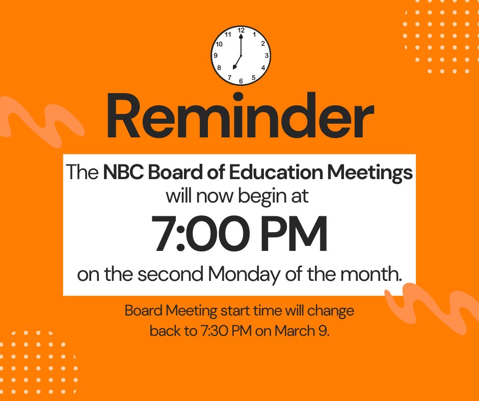 📅 NBC Board Meeting
🗓 Monday, November 10
🕖 7:00 PM start time
Meetings will begin at 7:00 PM until daylight saving time starts again in March.

Board Meetings will be streamed live on the North Bend Central YouTube channel.