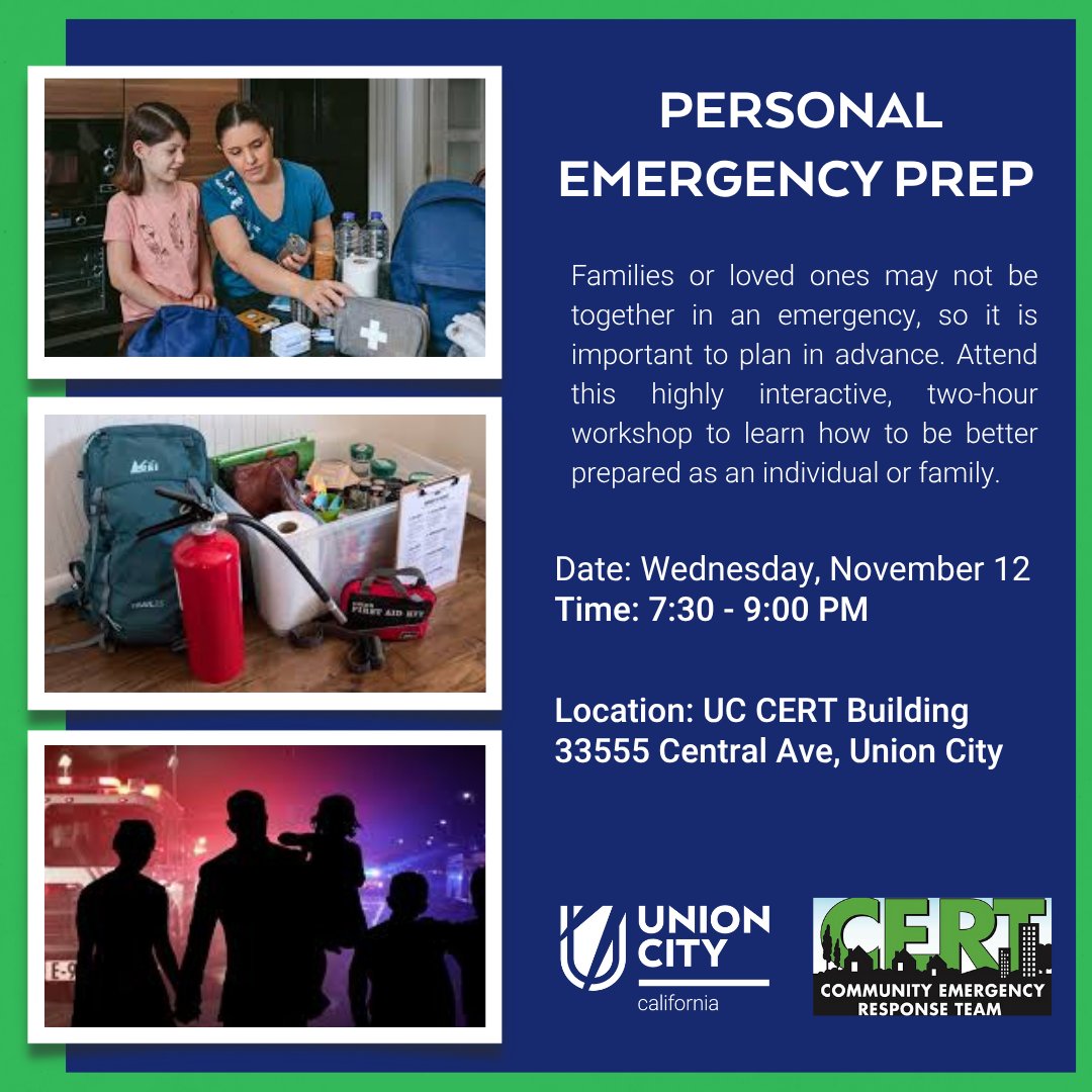 Are you prepared for an emergency? 🚨

In a crisis, every second counts. Join our  free Emergency Preparedness Workshop to learn how to:
✅ Make a family plan
✅ Build an emergency kit
✅ Protect your home &amp; valuables

Register - unioncity.org/CERT

#UnionCityCA #CERT