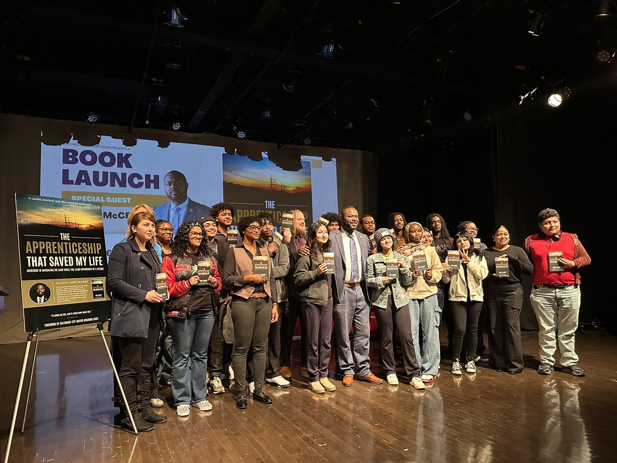 Senator Cory McCray with the CreativeWorks apprentices of <a href="/joesmovement/">Joe's Movement Emporium</a> after his inspiring book launch discussion! The Apprenticeship That Saved My Life is a book that deepens our connection to Blueprint for Maryland’s Future Pillar 3 - College &amp; Career Readiness. Thank you