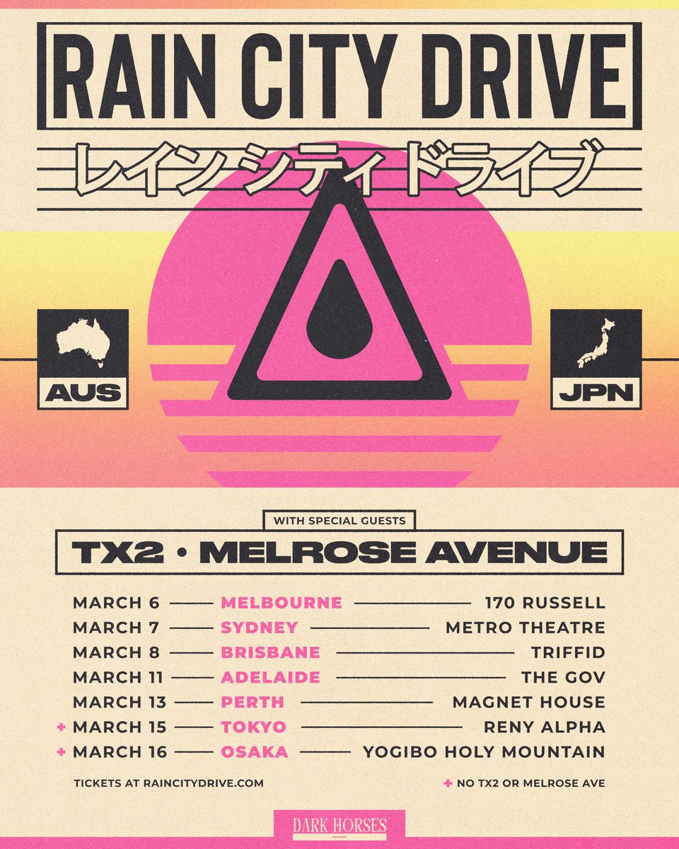 You asked and we listened! We're coming to Australia with our friends <a href="/melroseavenue_0/">Melrose Avenue Band</a> and <a href="/tx2official/">TX2</a> then hitting a quick run in Japan 🤘 Presale goes live 11am Local on Tuesday 11th November @ raincitydrive.com 💧
