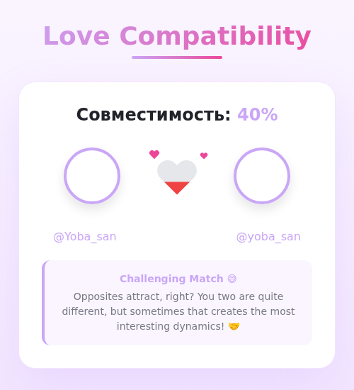 Моя любовь совместимость с <a href="/yoba_san/">Yoba San</a> составляет 40%

➡️ infintytweet.me/love-calculato…
