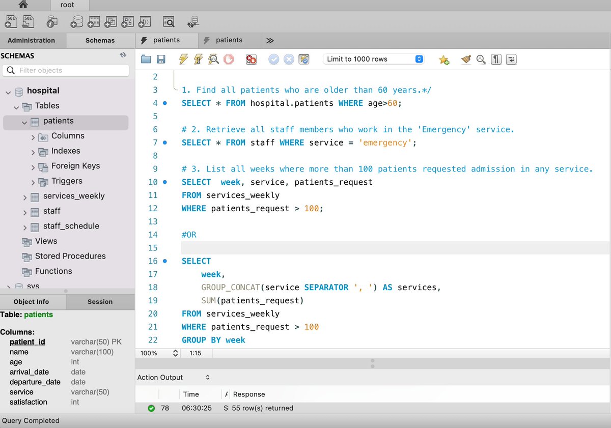 ForamAdeshara's tweet image. Day 2 - #SQLWithIDC
Today’s focus: mastering the WHERE clause 🔍
Learned to use IN, AND, OR, BETWEEN, and handle NULL values like a pro.
🧩 Challenge: Retrieve patients in &apos;Surgery&apos; with satisfaction &amp;lt; 70.
@indiandataclub
@dpdzero