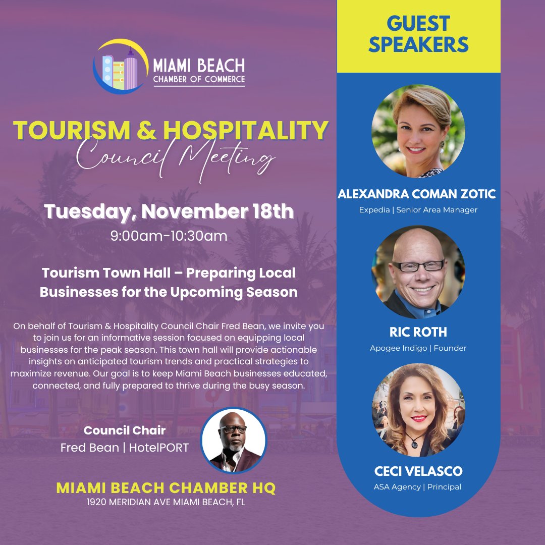 🌴 Get ready for season!
Join us Nov 18th at the Miami Beach Chamber HQ for our Tourism Town Hall: practical insights, local expertise, and strategies to help your business thrive this season.

👥 Featuring speakers from Expedia, Apogee Indigo, and ASA Agency.
🕘 9:00–10:30am