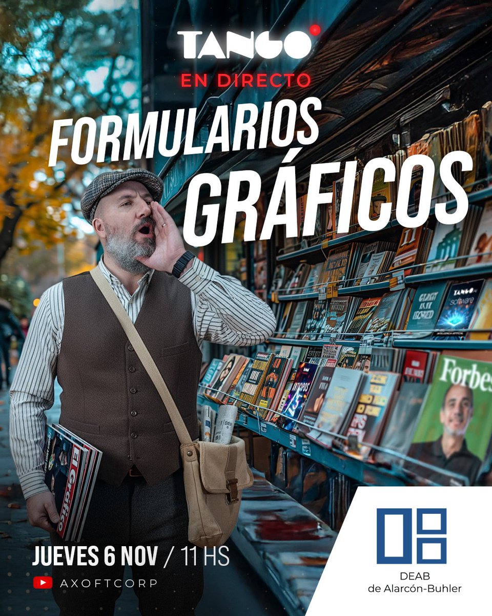 DEABTango's tweet image. #TangoEnDirecto

👉 Hoy, jueves a las 11h, no te pierdas el directo de Formularios gráficos, donde se verá todos los formularios gráficos disponibles en el sistema.

🔔Suscribite al canal.

🔴YouTube: Acceso youtube.com/@AxoftCorp

#tangosoftware #dealarconbuhler