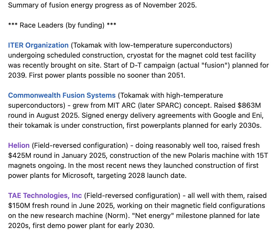 Summary of fusion energy sector progress