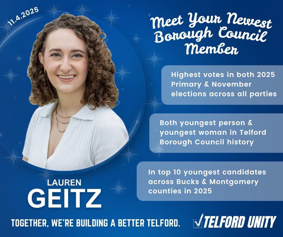 Congrats to #Widener POLS grad (‘12) Lauren Geitz on winning a seat on the Telford, PA Borough Council!
