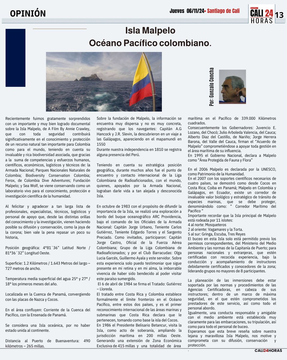 Cali24Horas's tweet photo. Lea la opinión de nuestro columnista Gonzalo Concha "Isla Malpelo Océano Pacífico colombiano"
#IslaMalpelo #OcéanoPacíficoColombiano #Conservación #Biodiversidad #DocumentalMalpelo. https://t.co/UFuADk3cmY