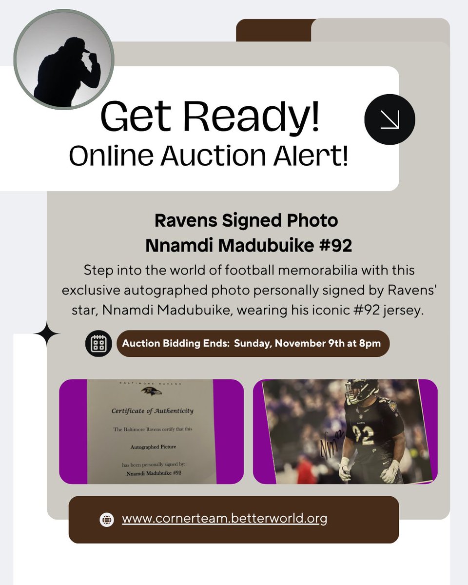 cornerteaminc's tweet photo. New auction Item just added! Bid today on this photo personally signed by Nnamdi Madubuike #92 and support Corner Team with your donation! Grab this knockout deal! Link in bio. #cornerteaminc #cornerteam  #CharityAuction #BidToWin #SupportLocal #BidForACause https://t.co/A7rmg9OFHT