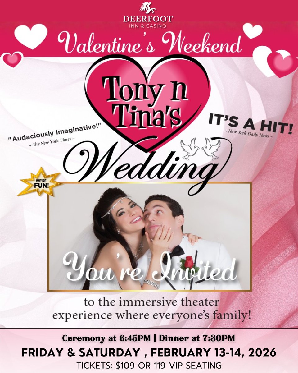 💞 Love is in the air… and so is the drama!
Tony &amp; Tina’s Wedding returns for Valentine’s Day with two unforgettable shows — where you’re not just a guest… you’re in the wedding!

🍷 Dinner 💃 Dancing 😂 Laughter 💐 One big Italian celebration!

📅 Friday &amp; Saturday, February