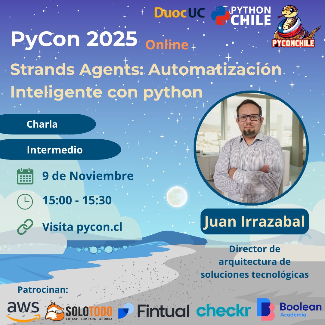 pythonchiledev's tweet image. 🤖 Strands Agents: automatización con Python
Juan Irrazabal muestra cómo crear agentes de IA rápidamente con el SDK de AWS 🐍✨
📅 9/11 | 🕒 15:00 – 15:30 | Online
Nivel intermedio | Datos
🎥 Transmisión por youtube.com/@PythonChile
#PyConChile2025 #PythonChile