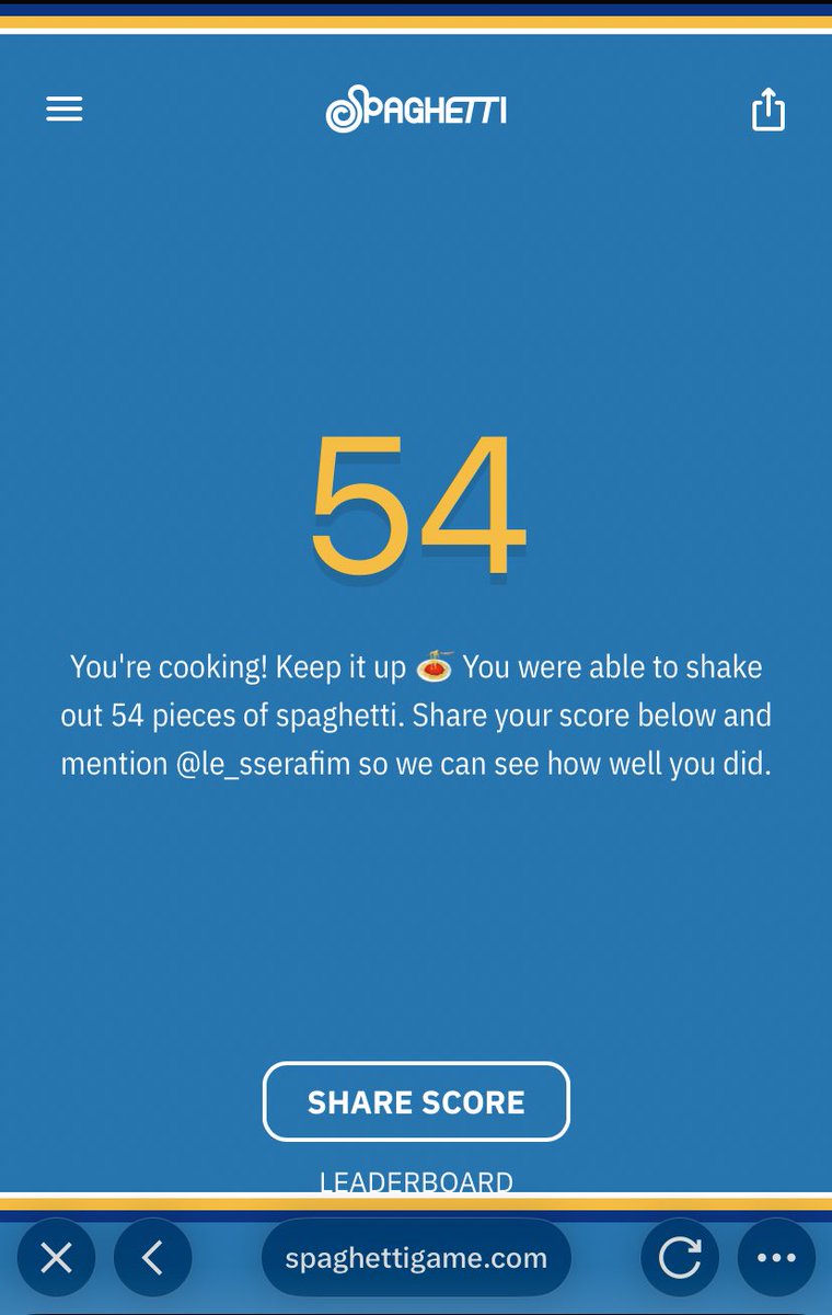 chaewonibells's tweet image. girl how

#spaghettigame ⭐⭐⭐🍝 54 noodles
You&apos;re cooking! Keep it up 🍝
spaghettigame.com