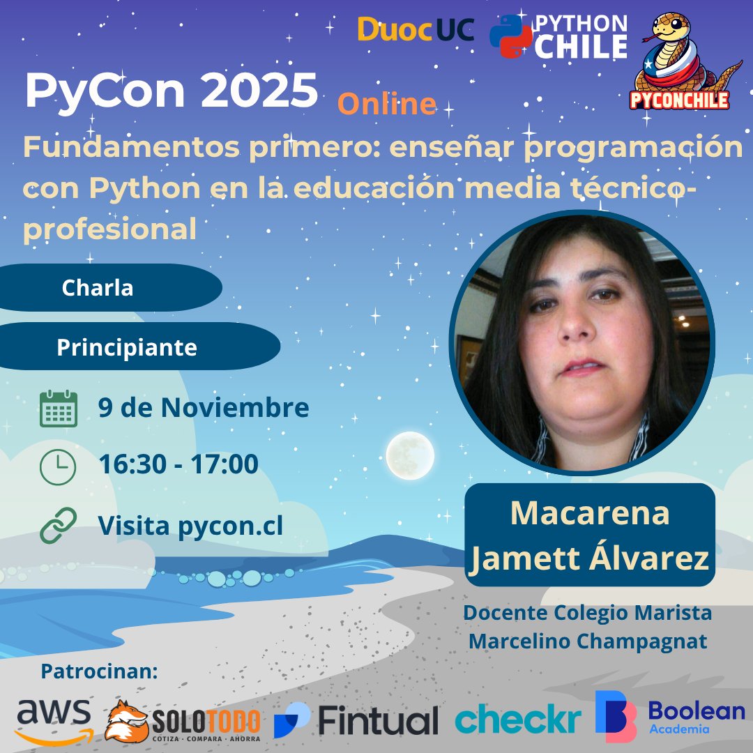 pythonchiledev's tweet image. 📚 Enseñar programación con Python
Macarena Jamett muestra cómo enseñar fundamentos de Python en educación media técnico-profesional 🐍✨
📅 9/11 | 🕟 16:30 – 17:00 | Online
Nivel principiante | Educación
🎥 Transmisión por youtube.com/@PythonChile
#PyConChile2025 #PythonChile